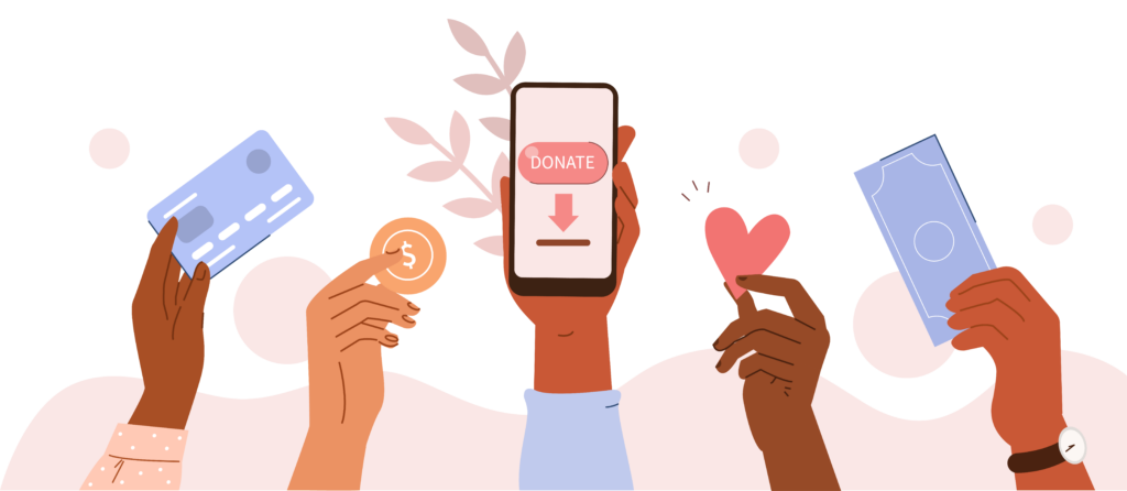 A group of hands holding up a phone with credit cards and a heart.