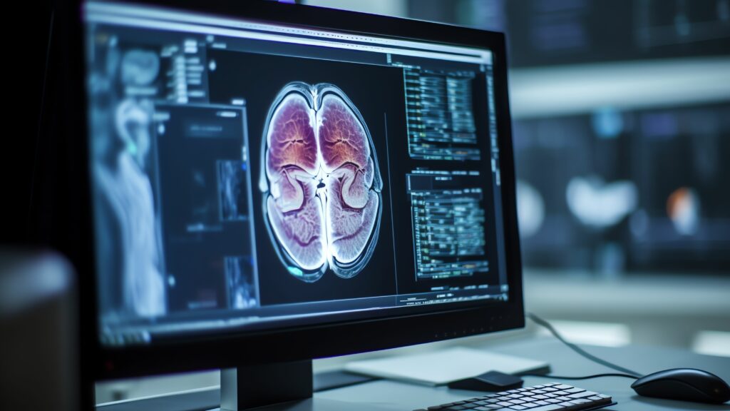 A computer monitor with a mri image on it.