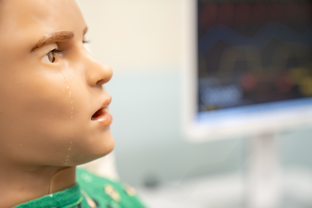 A mannequin in front of a monitor.